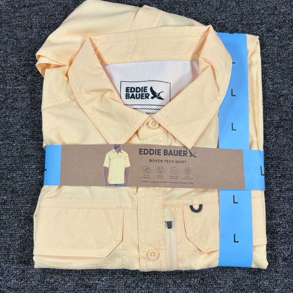 Eddie Bauer Woven Tech Shirt Mens Large Yellow UPF 50 Moisture Wicking NEW
